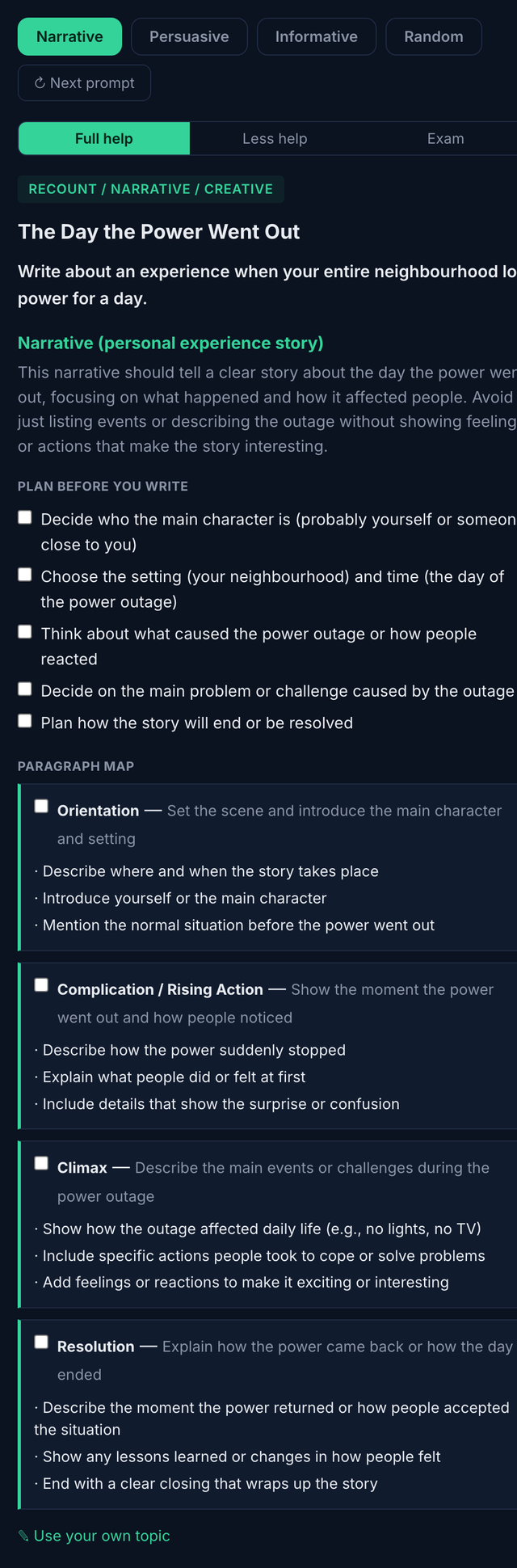 EurekaWrite writing workspace showing a paragraph-by-paragraph plan (orientation, rising action, climax, resolution) for the prompt The Day the Power Went Out, with Full help, Less help and Exam modes.